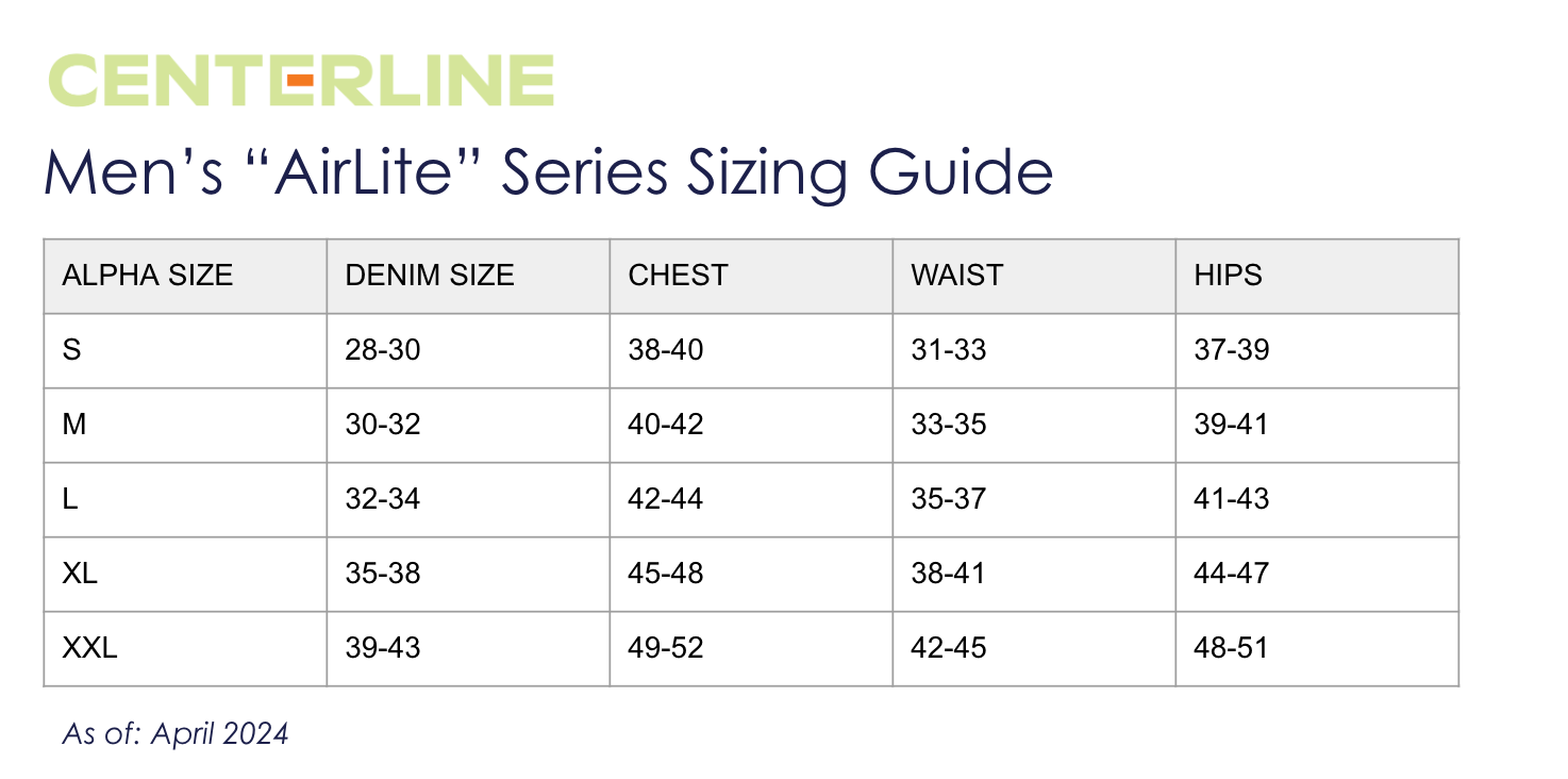 AirLite Mens Tee Size Chart